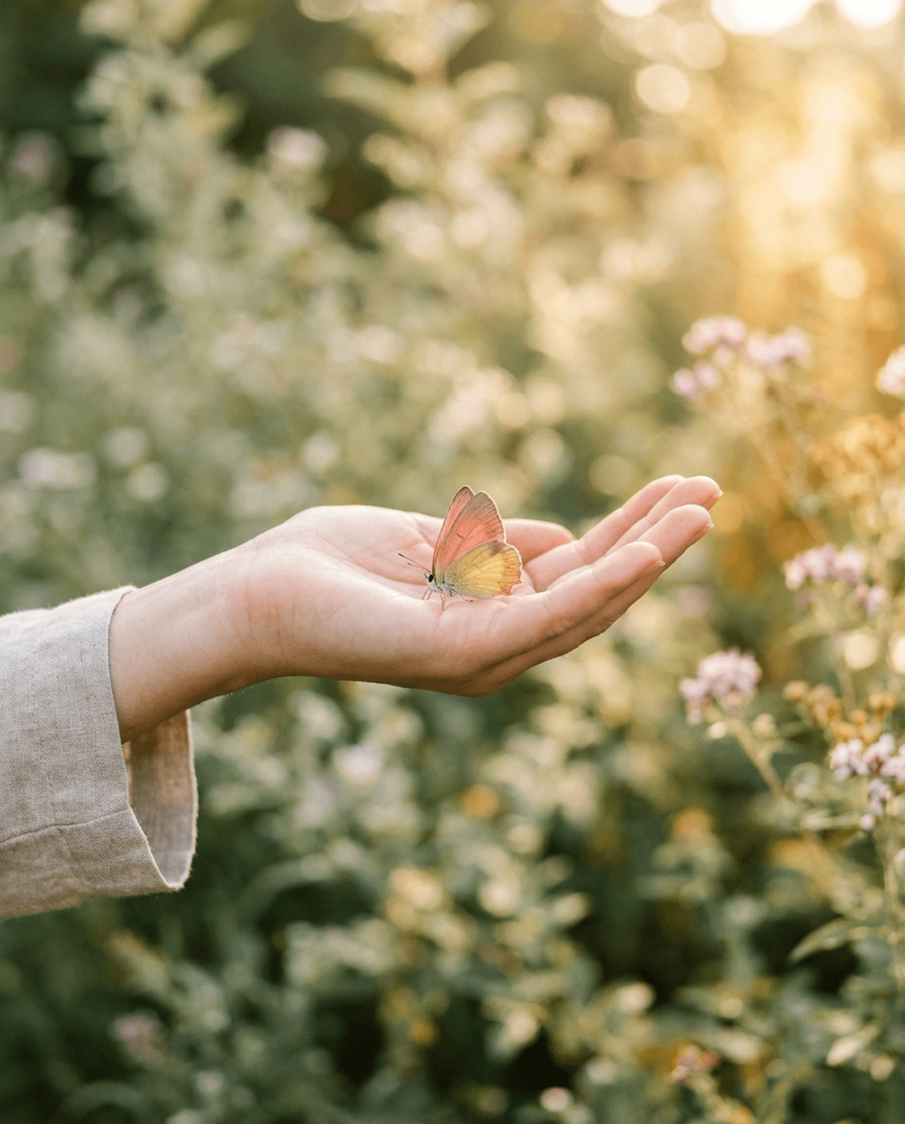 Un papillon délicat posé sur une main ouverte en lumière naturelle, symbole du chemin de métamorphose.